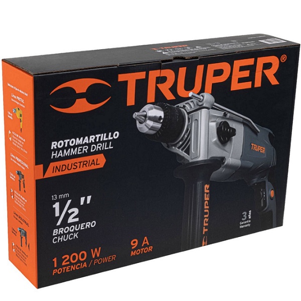 Rotomartillo-Taladro 1/2", industrial, 1200 W perforación en concreto, madera y metal ROTO-1/2NX2 TRUPER