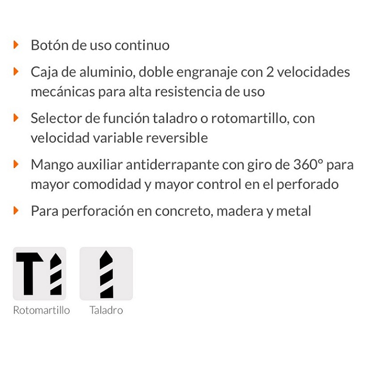 Rotomartillo-Taladro 1/2", industrial, 1200 W perforación en concreto, madera y metal ROTO-1/2NX2 TRUPER