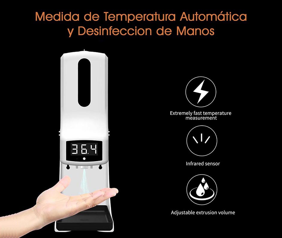 K9 Pro (delta) 2021 Original + Nuevo Termometro Dispensador Gel y Liquido Recargable Portatil Sanitizante Automático sin Contacto, Proteccion Antibacterial Base Escritorio, Tripie o Pared, Casa, Oficina, Plazas Comerciales, Tiendas, Fabricas, Hoteles, Restaurantes