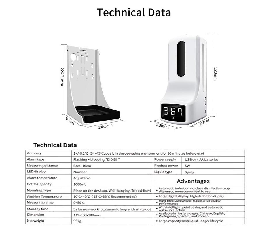 K9 Pro (delta) 2021 Original + Nuevo Termometro Dispensador Gel y Liquido Recargable Portatil Sanitizante Automático sin Contacto, Proteccion Antibacterial Base Escritorio, Tripie o Pared, Casa, Oficina, Plazas Comerciales, Tiendas, Fabricas, Hoteles, Restaurantes