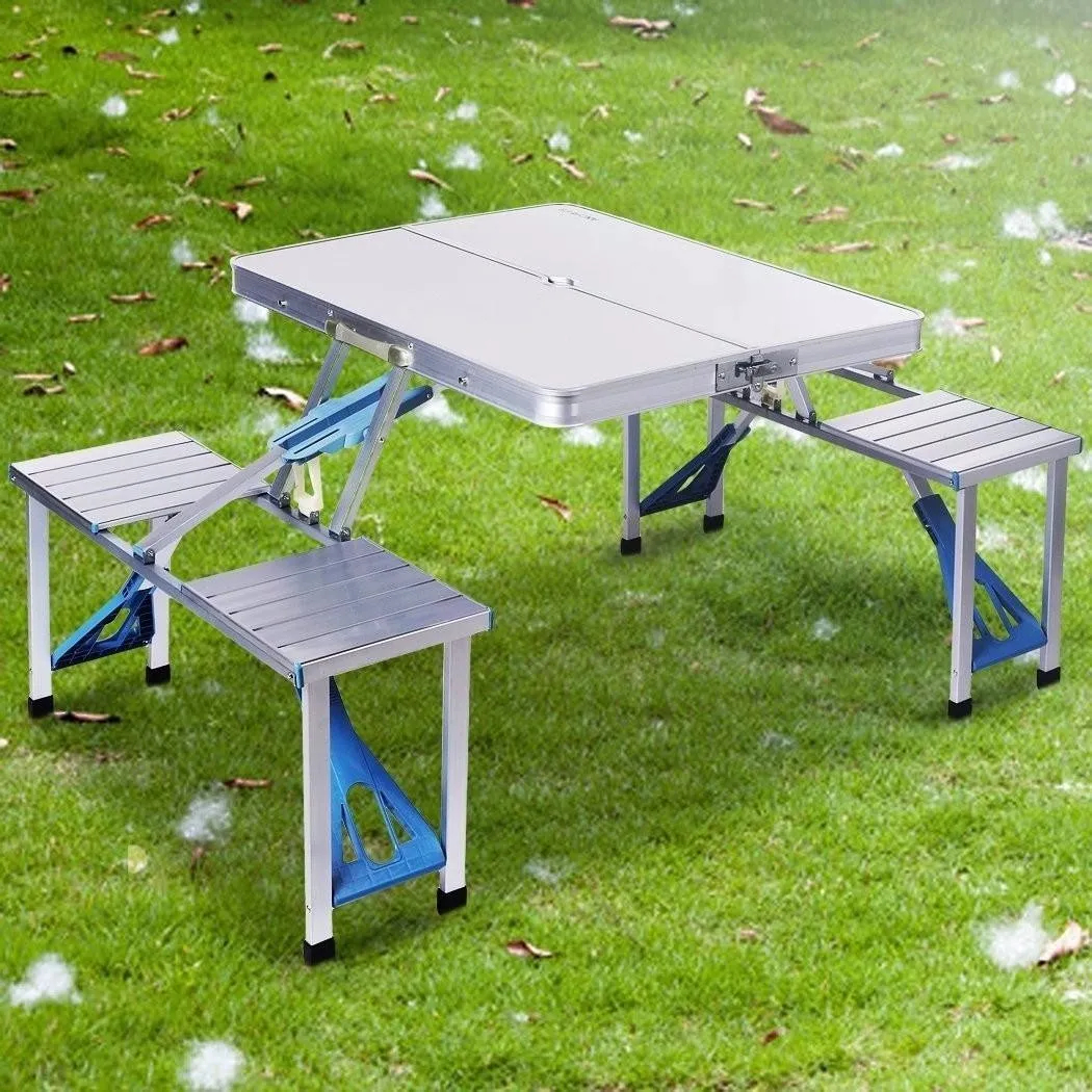 Mesa Plegable Tipo Portafolio De Aluminio Con 4 Bancos