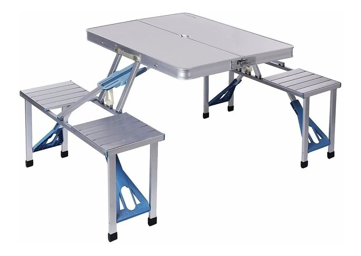 Mesa Plegable Tipo Portafolio De Aluminio Con 4 Bancos