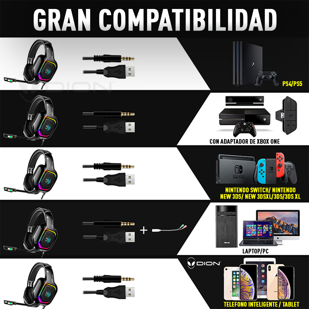 Audifonos Gamer Headset Gaming con Microfono Jack 3.5mm + USB para Iluminacion RGB Compatible PC Consolas Tablet celulares Color Negro