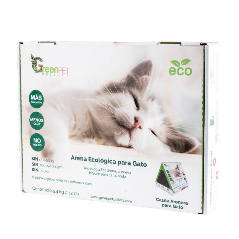 Green Pet: Arena Ecológica para Gatos. 5.4kg. Caja que se transforma en Casita. Elimina el Olor, Absorción Total, 100% Madera, Biodegradable.