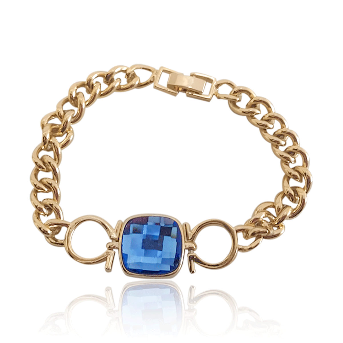 Pulsera Oro 18k Laminado #433 Dije con Piedra Azul Largo 10 cm Diámetro 5 cm