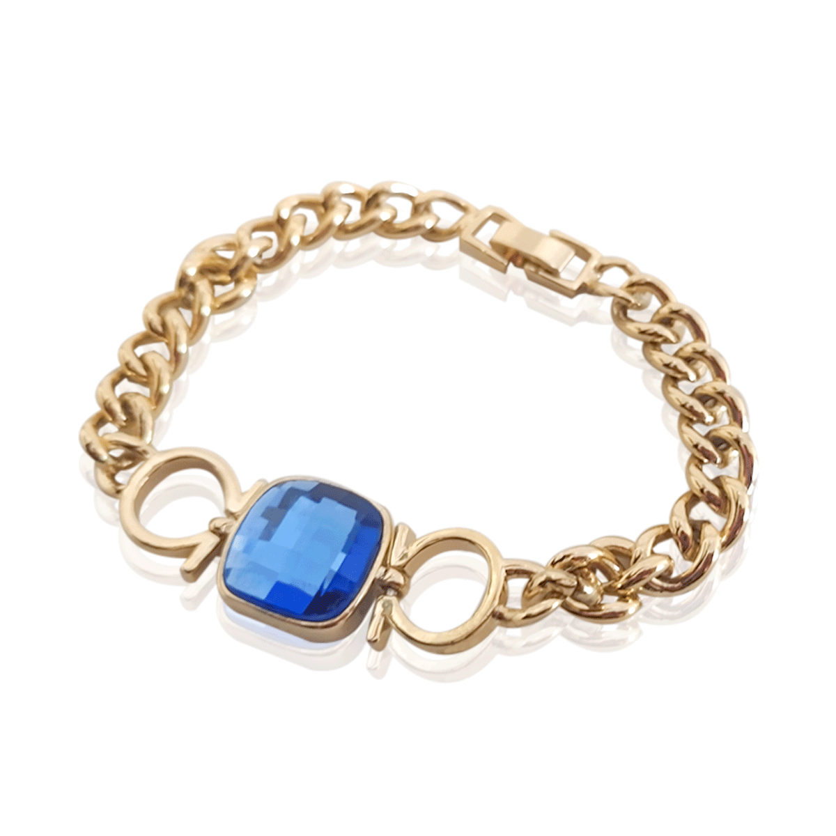 Pulsera Oro 18k Laminado #433 Dije con Piedra Azul Largo 10 cm Diámetro 5 cm
