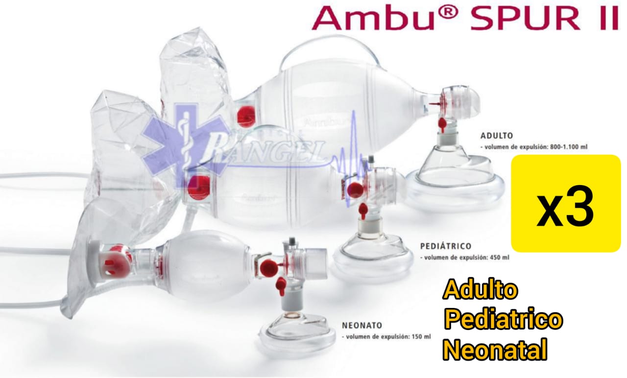 KIT 3 RESUCITADORES BOLSA VALVULA MASCARILLA AMBU SPUR II ADULTO, PEDIATRICO Y NEONATAL
