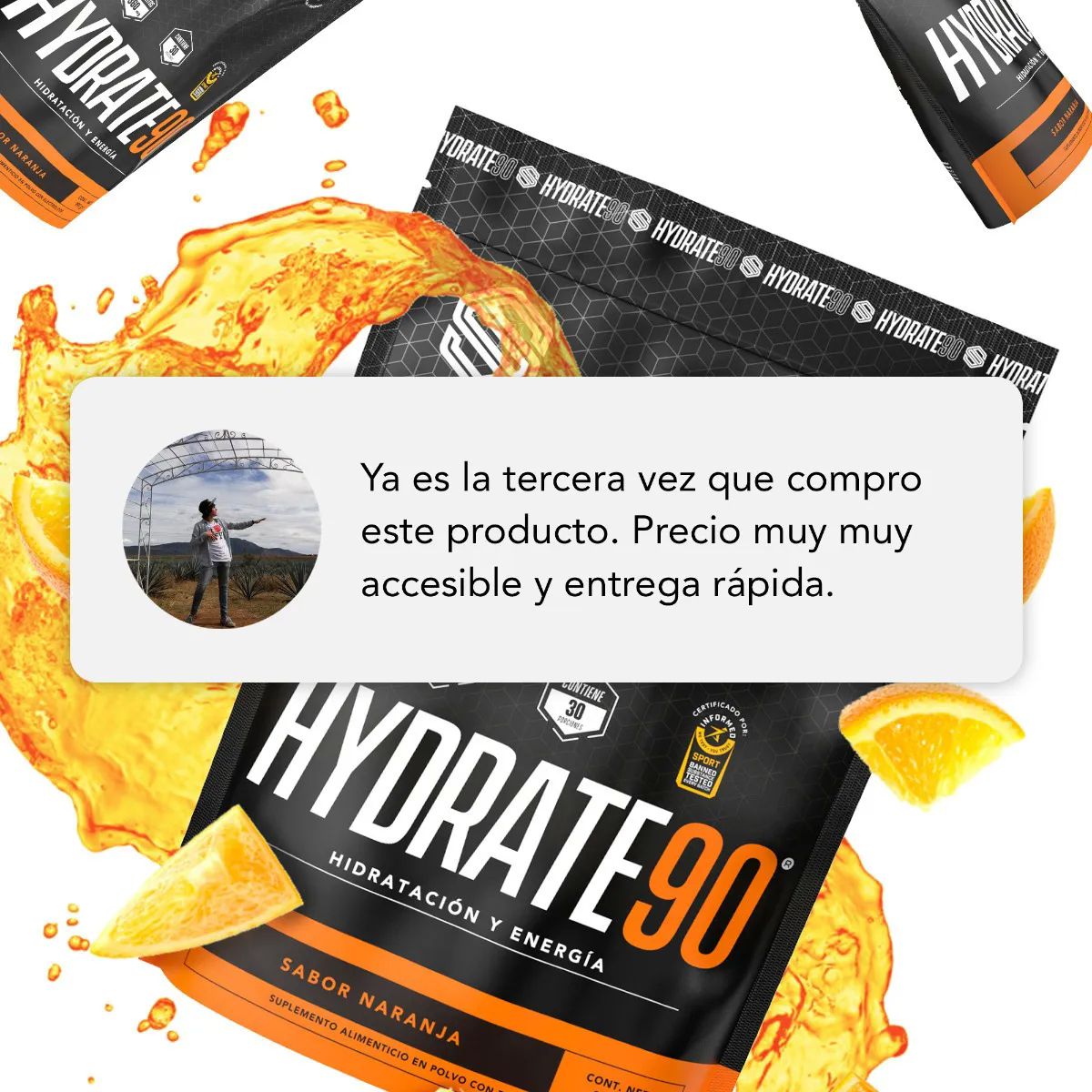 Eléctrolitos y rehidratente Hydrate 90, 30 porciones, Sabor naranja, 990g