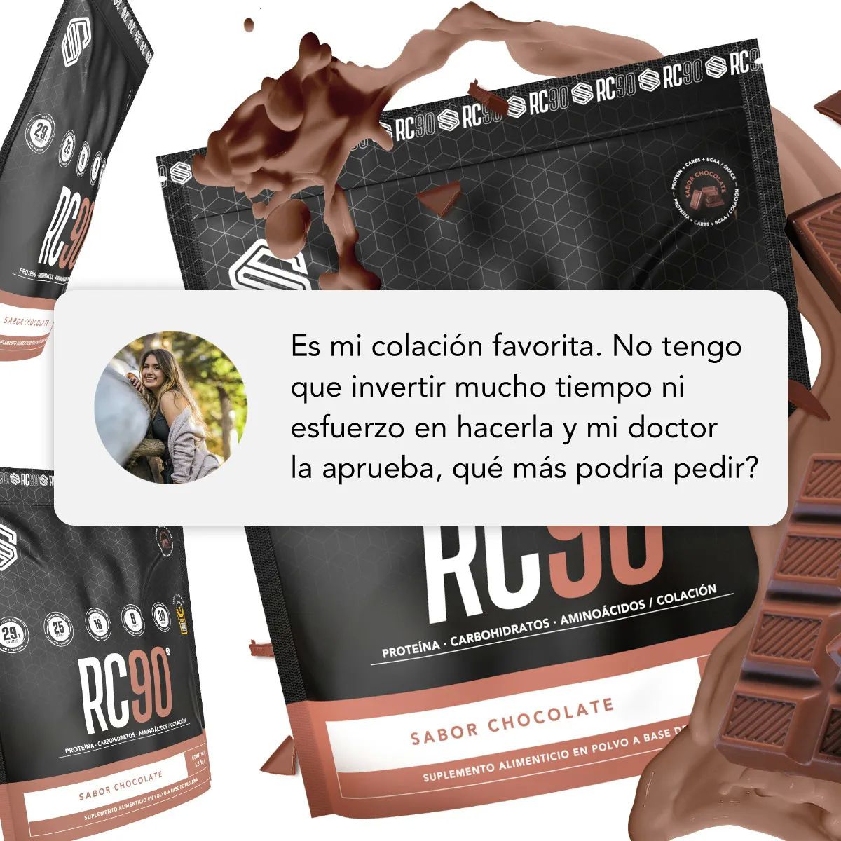 Colación con proteína RC90, con Glutamina y Vitamina C, 30 porciones, Sabor chocolate, 1.8kg