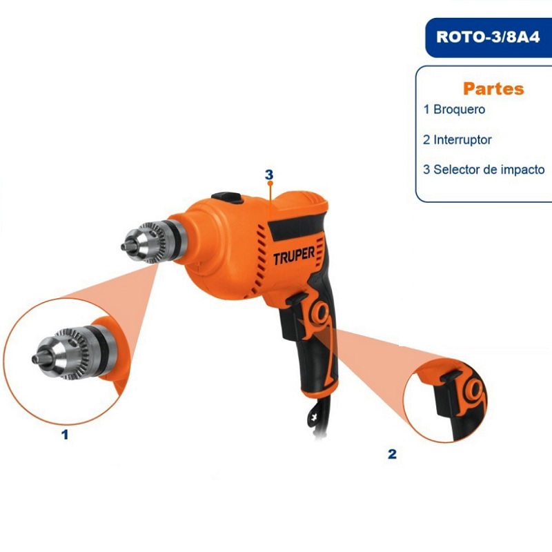 Rotomartillo-Taladro  3/8", profesional, 600 W,velocidad reversible ROTO-3/8A4 TRUPER 