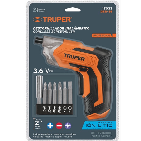 Destornillador inalámbrico, batería Ion Litio 3.6 V, LUZ LED ,entrada Hexagonal con 6 puntas 2" DESI-36 TRUPER 