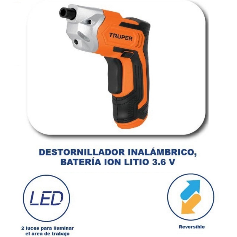 Destornillador inalámbrico, batería Ion Litio 3.6 V, LUZ LED ,entrada Hexagonal con 6 puntas 2" DESI-36 TRUPER 