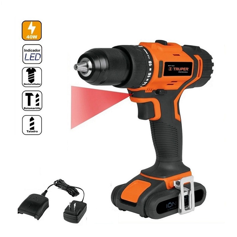 Rotomartillo-Taladro-Destornillador inalámbrico, batería ion litio, 20 V, 1/2" incluye accesorios ROTI-20A TRUPER