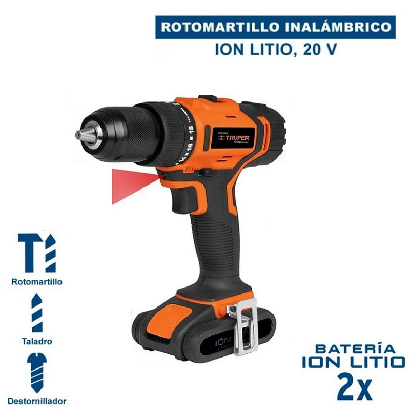 Rotomartillo-Taladro-Destornillador inalámbrico, batería ion litio, 20 V, 1/2" incluye accesorios ROTI-20A TRUPER