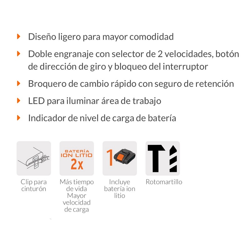Rotomartillo-Taladro-Destornillador inalámbrico, batería ion litio, 20 V, 1/2" incluye accesorios ROTI-20A TRUPER