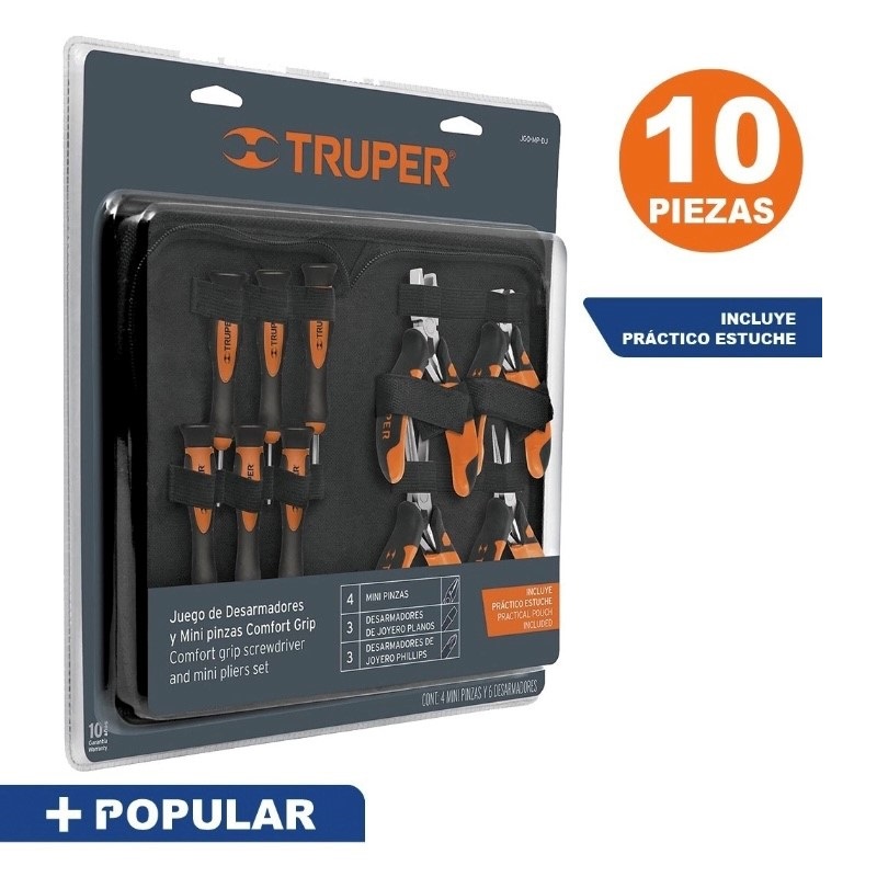 Juego de Pinzas Comfort Grip 10 Pzas Electricista Puntas Plana de Cruz de corte diagonal Tenaza Desarmador de Joyeros Truper J60-MP-DJ 