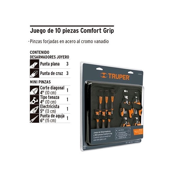 Juego de Pinzas Comfort Grip 10 Pzas Electricista Puntas Plana de Cruz de corte diagonal Tenaza Desarmador de Joyeros Truper J60-MP-DJ 