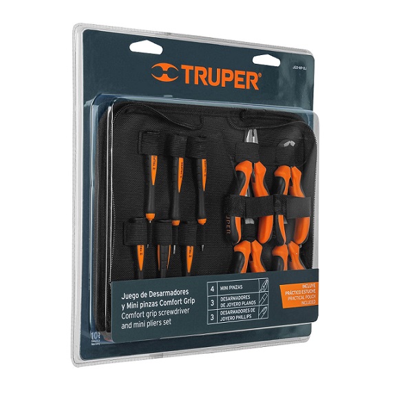 Juego de Pinzas Comfort Grip 10 Pzas Electricista Puntas Plana de Cruz de corte diagonal Tenaza Desarmador de Joyeros Truper J60-MP-DJ 