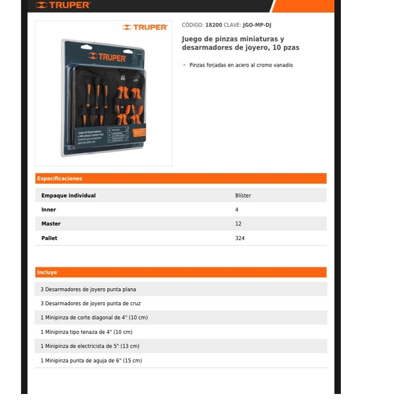 Juego de Pinzas Comfort Grip 10 Pzas Electricista Puntas Plana de Cruz de corte diagonal Tenaza Desarmador de Joyeros Truper J60-MP-DJ 