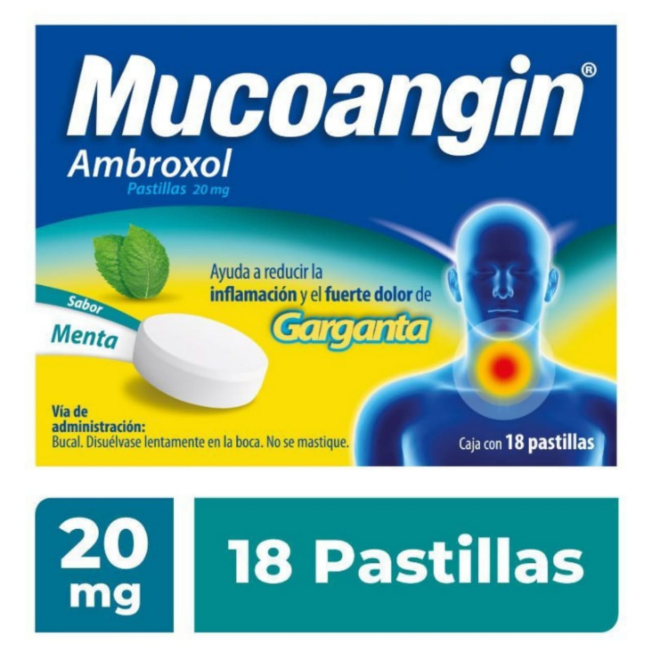 Mucoangin, Ambroxol 20mg, Caja Con 18 Pastillas 