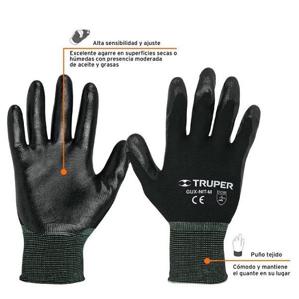Guantes de seguridad Usos Generales-Mecánica, de nylon recubiertos de nitrilo,Talla M ,multi usos GU-122 TRUPER