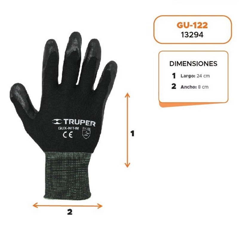  Guantes de seguridad  ( 2 PARES ) Usos Generales para mecánica-fabricados de nylon ,Talla M ,multi usos GU-122 TRUPER