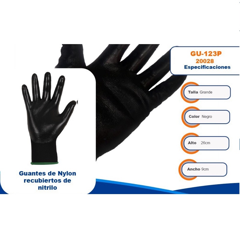 Guantes de seguridad Antiderrapantes Mecánica -Mantenimiento-Construcción fabricado de nylon , Talla Grande ,GU-123P  Pretul