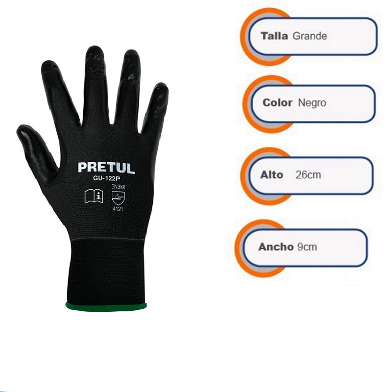Guantes de seguridad Antiderrapantes Mecánica -Mantenimiento-Construcción fabricado de nylon , Talla Grande ,GU-123P  Pretul