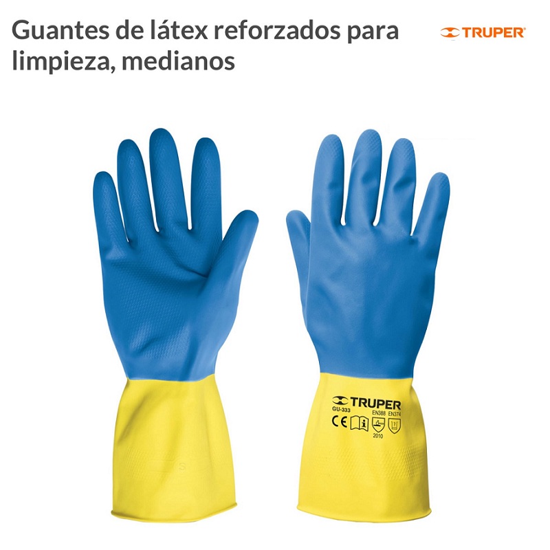 Guantes Medianos de látex reforzados Neopreno ( 2 PARES ) ,Uso Domestico Limpieza casa y Manejo de Productos Químicos TRUPER