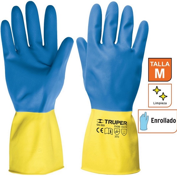 Guantes Medianos de látex reforzados Neopreno ( 2 PARES ) ,Uso Domestico Limpieza casa y Manejo de Productos Químicos TRUPER