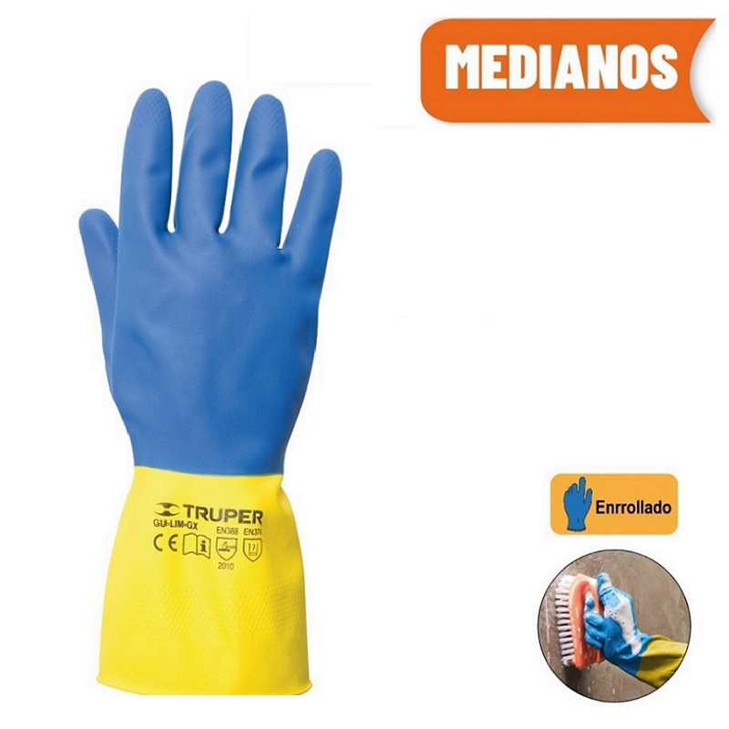 Guantes Medianos de látex reforzados Neopreno ( 2 PARES ) ,Uso Domestico Limpieza casa y Manejo de Productos Químicos TRUPER