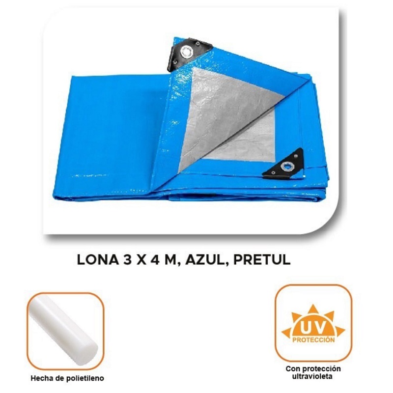 Lona 3 x 4 m, azul,  Impermeable -ligera para manejar -cubierta de carro LP-34  Pretul