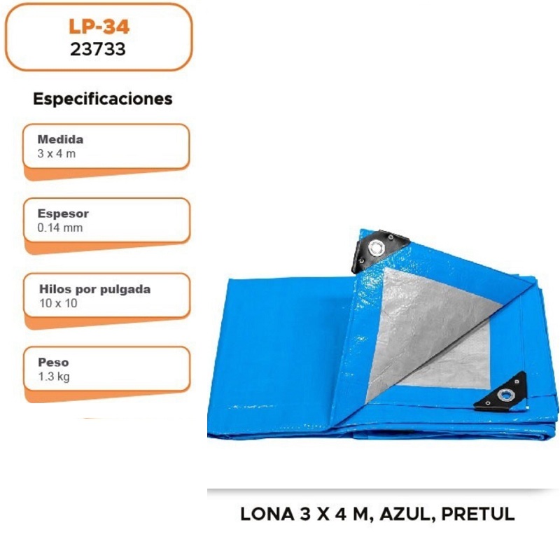 Lona 3 x 4 m, azul,  Impermeable -ligera para manejar -cubierta de carro LP-34  Pretul