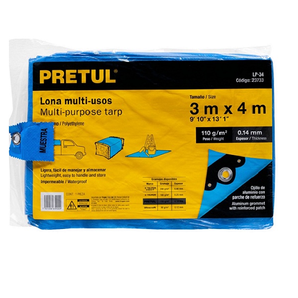 Lona 3 x 4 m, azul,  Impermeable -ligera para manejar -cubierta de carro LP-34  Pretul