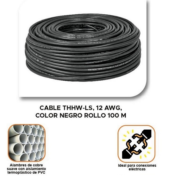 Cable Eléctrico THHW-LS, 12 AWG, color negro rollo de 100 m para cableado de iluminación, contactos de casa CAB-12N VOLTECK