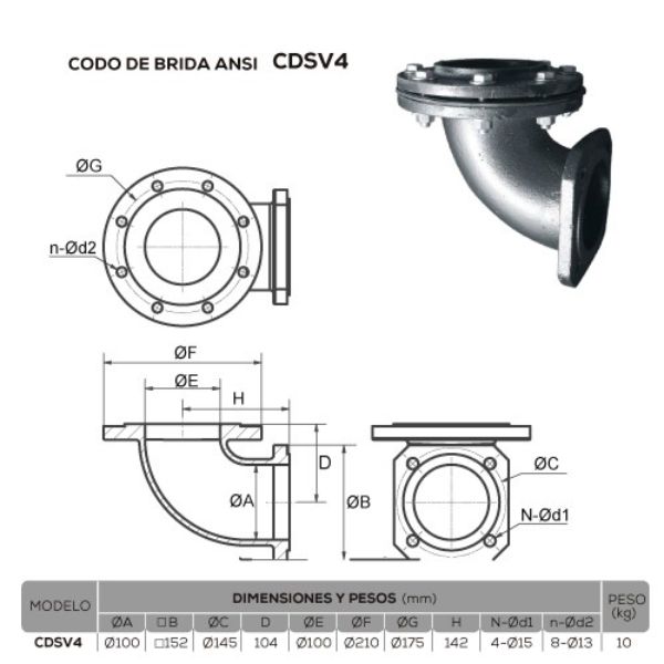 CODO DE DESCARGA 90 GRADOS PARA BOMBA SUMERGIBLE DE LODO SV4 EVANS