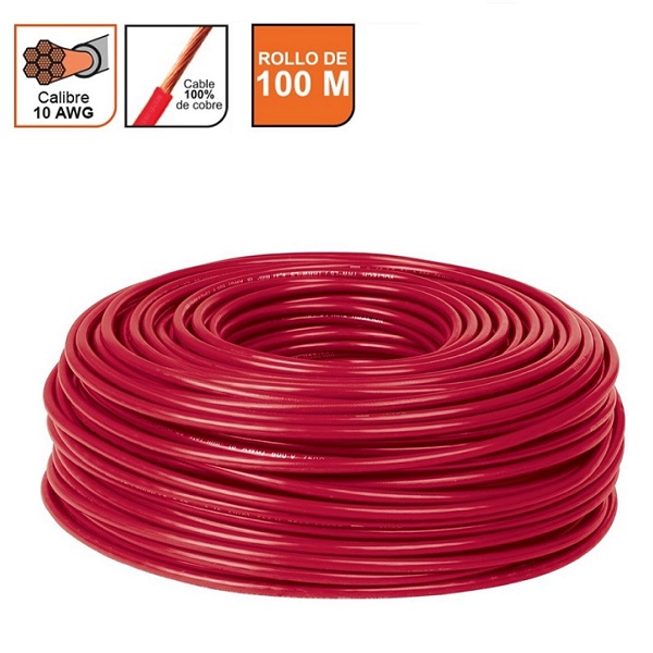 Cable Eléctrico THHW-LS, 10 AWG, color rojo (activo)rollo 100 m Instalaciones eléctricas -iluminación  CAB-10R VOLTECK 