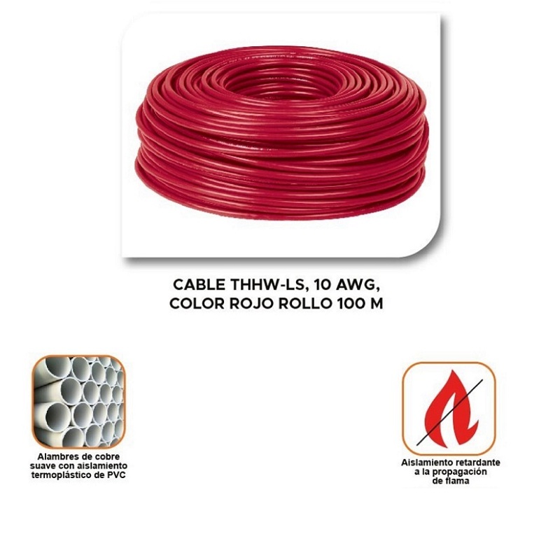 Cable Eléctrico THHW-LS, 10 AWG, color rojo (activo)rollo 100 m Instalaciones eléctricas -iluminación  CAB-10R VOLTECK 