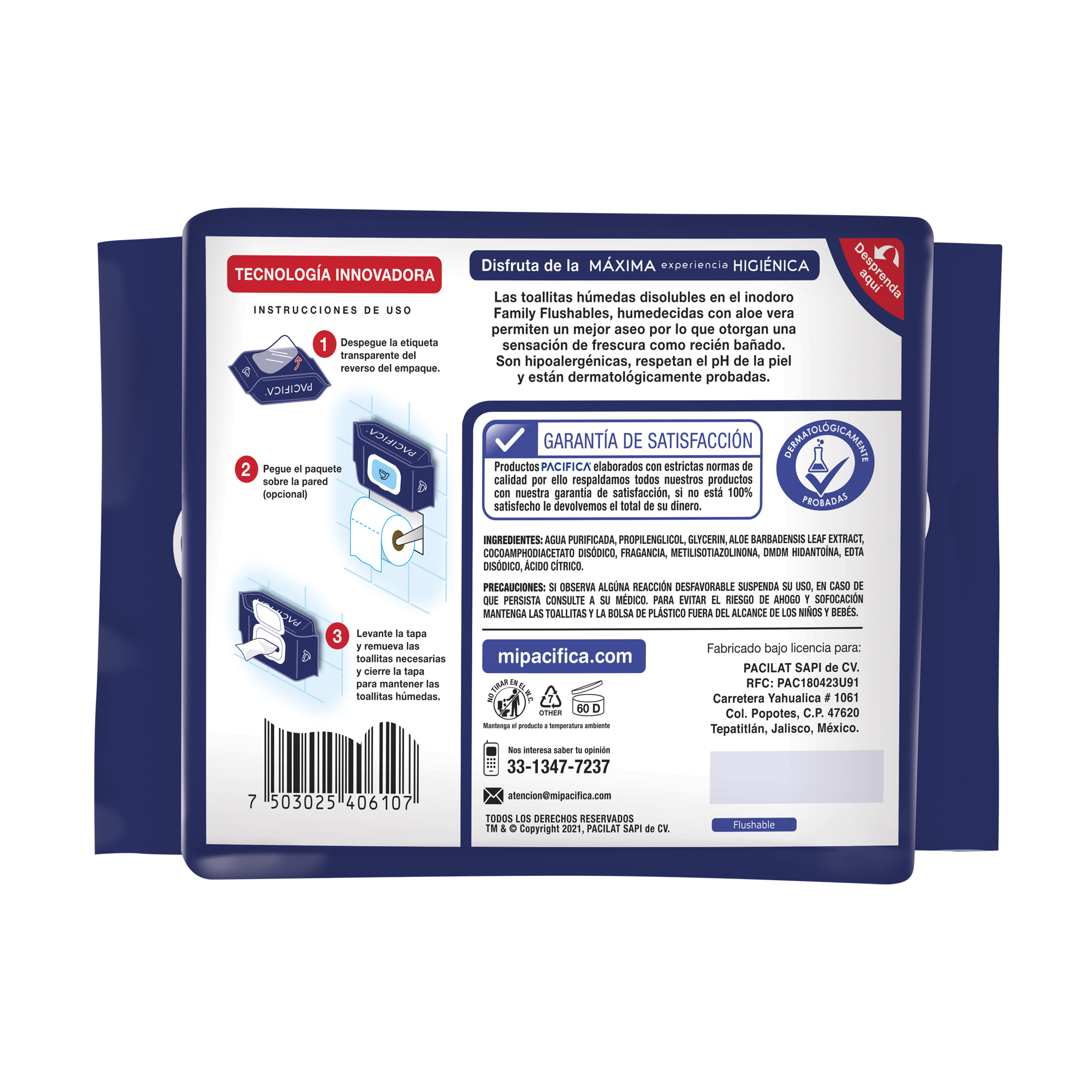 Toallitas Húmedas Pacifica Flushable 30 Toallitas