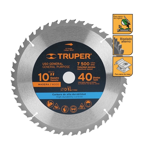 Disco sierra p/madera diámetro de  10", 40 dientes, centro 1" para sierra de mesa ST-1040E TRUPER
