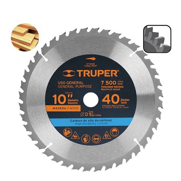 Disco sierra p/madera diámetro de  10", 40 dientes, centro 1" para sierra de mesa ST-1040E TRUPER