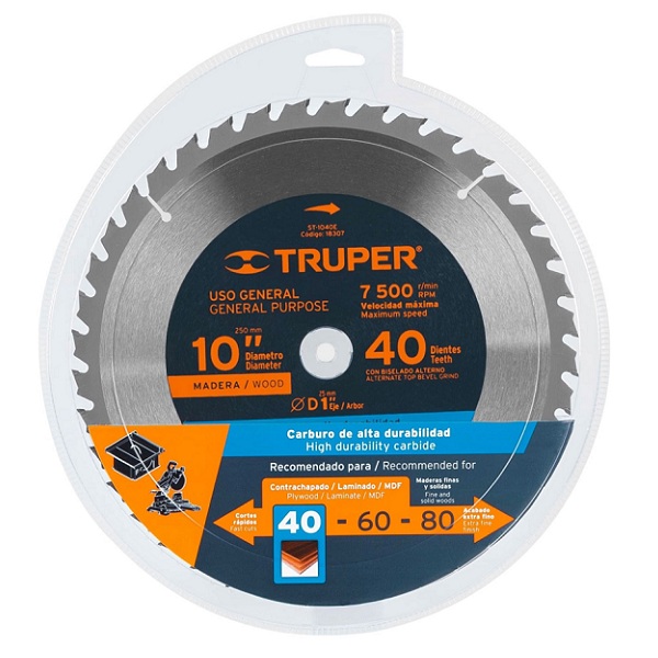 Disco sierra p/madera diámetro de  10", 40 dientes, centro 1" para sierra de mesa ST-1040E TRUPER