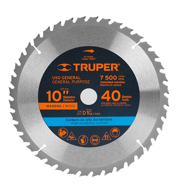 Disco sierra p/madera diámetro de  10", 40 dientes, centro 1" para sierra de mesa ST-1040E TRUPER