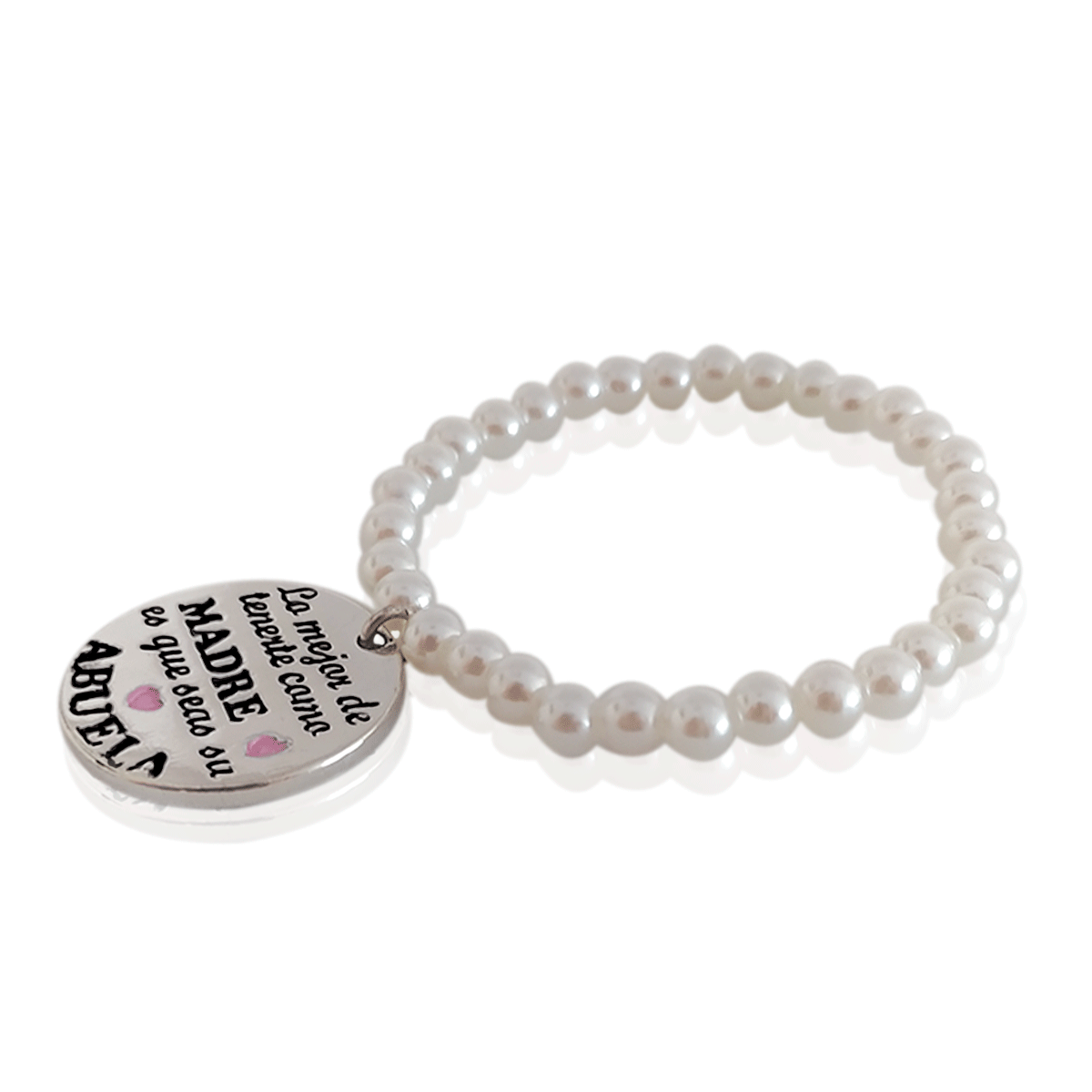 Pulsera Perla Gris #447 Dije frase Lo mejor de tenerte como madre es que seas su abuela Diámetro 6 cm Largo 12 cm