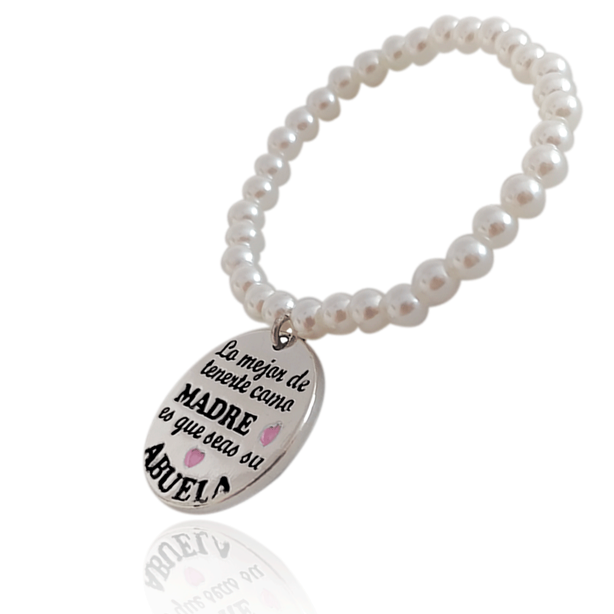 Pulsera Perla Gris #447 Dije frase Lo mejor de tenerte como madre es que seas su abuela Diámetro 6 cm Largo 12 cm