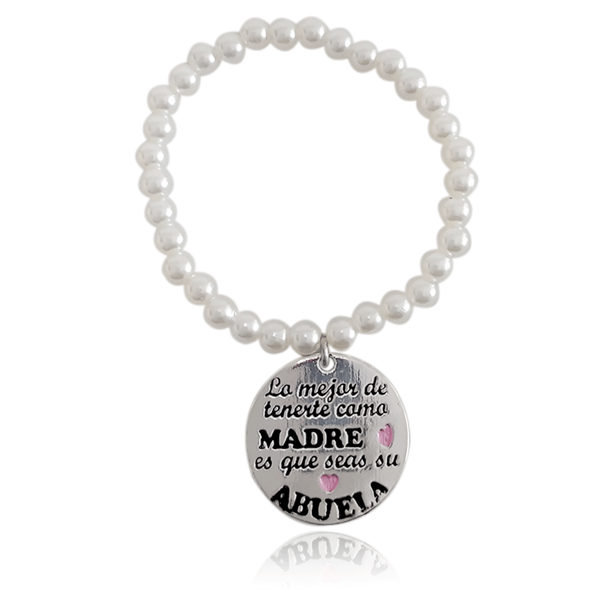 Pulsera Perla Gris #447 Dije frase Lo mejor de tenerte como madre es que seas su abuela Diámetro 6 cm Largo 12 cm