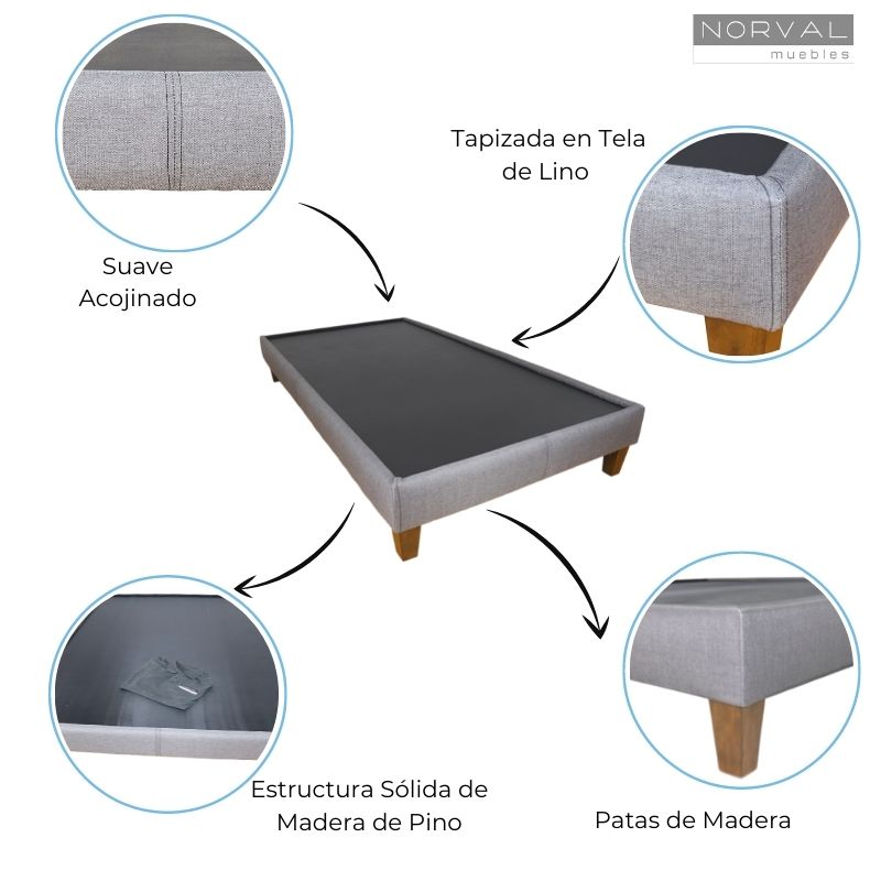 Base para Cama Individual NORVAL Muebles Base Nevada con patas Altas de Madera con Moderno tapiz en Lino Gris