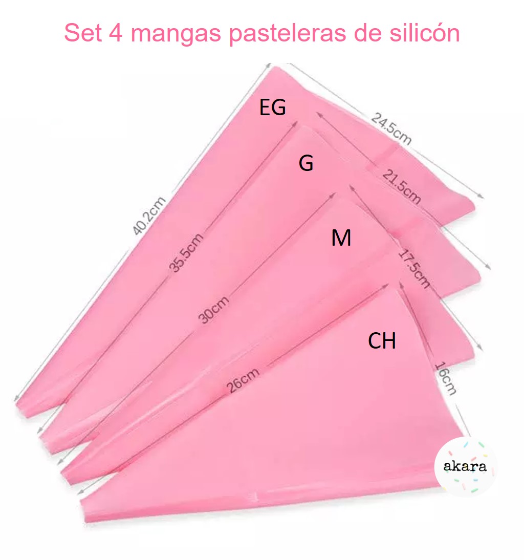 Set 4 Mangas pasteleras de Silicón Reusables, 4 tamaños diferentes, Rosa