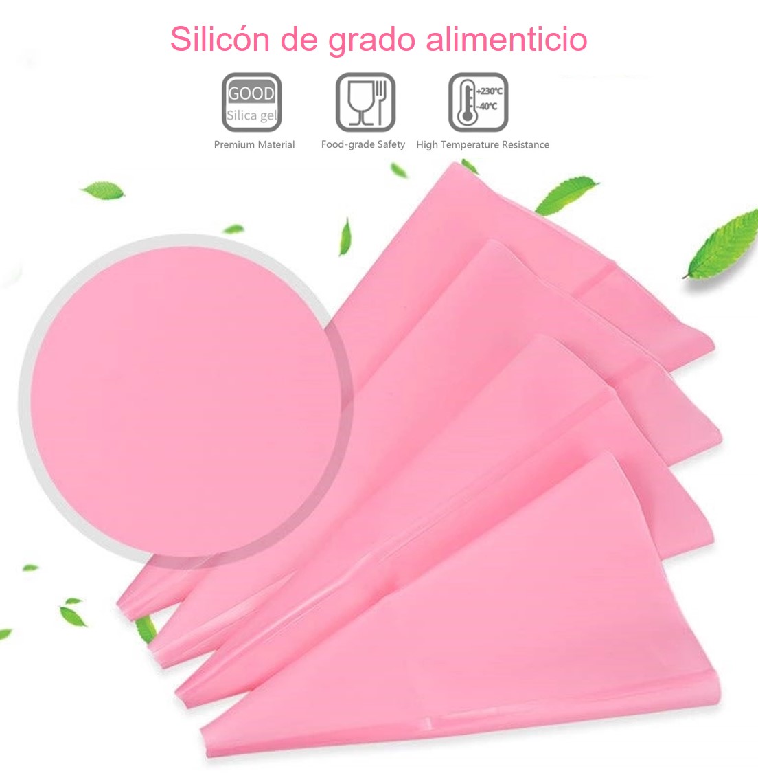 Set 4 Mangas pasteleras de Silicón Reusables, 4 tamaños diferentes, Rosa