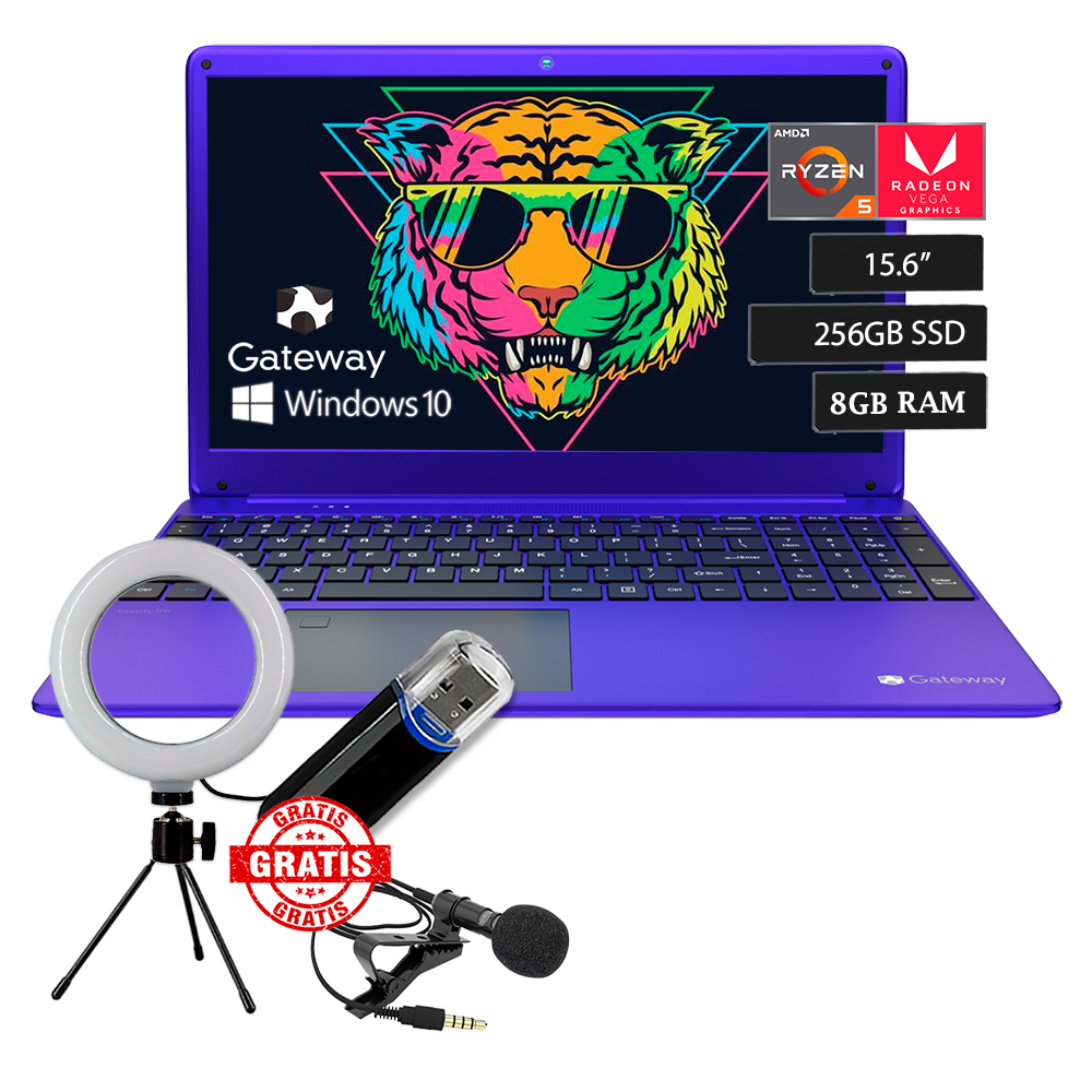 Laptop Amd Ryzen 5 3450U / 256GB 8GB / 15.6  - Morada + Aro de Luz + USB + Micrófono - Gateway